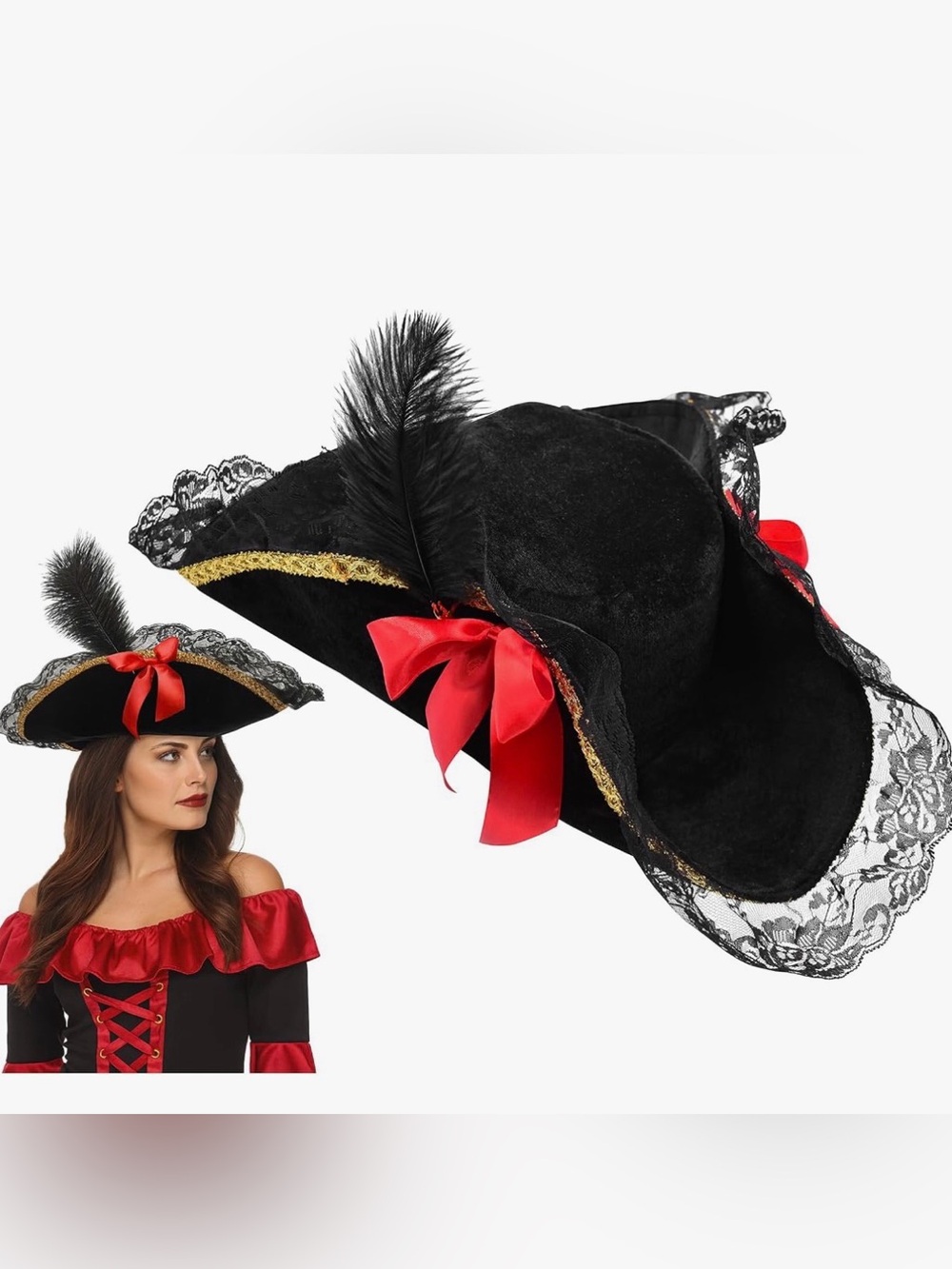 Pirate hat Black Velvet Feathered Tricorn Hat with Red Ribbon